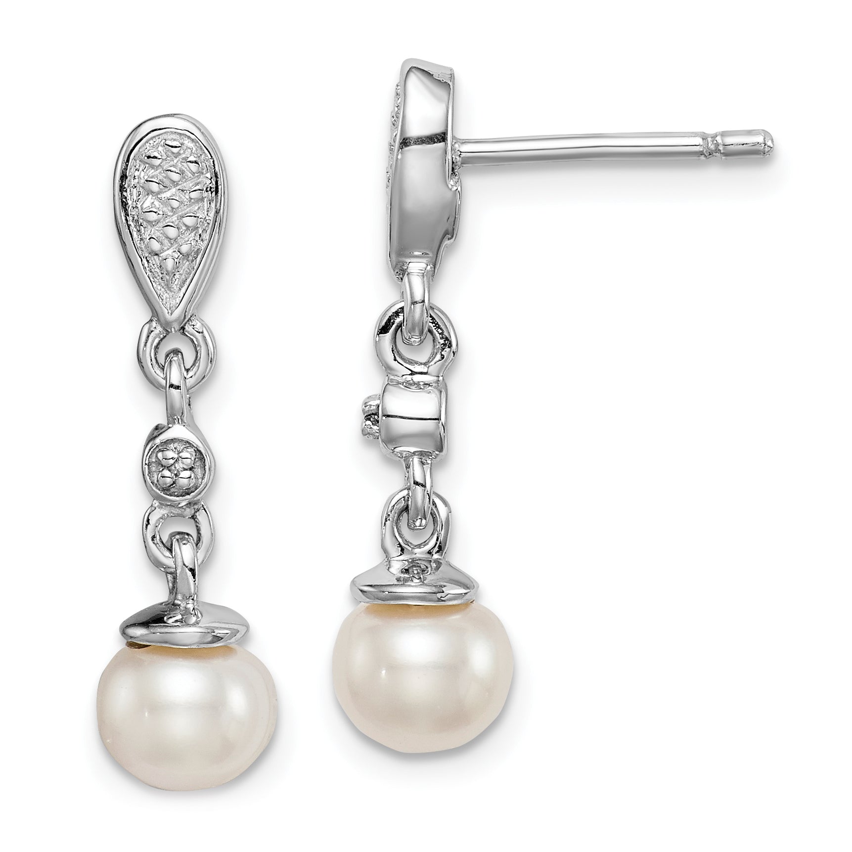 Sterling Silver Rhodium Plated Diamond & FW Cultured Pearl Earrings