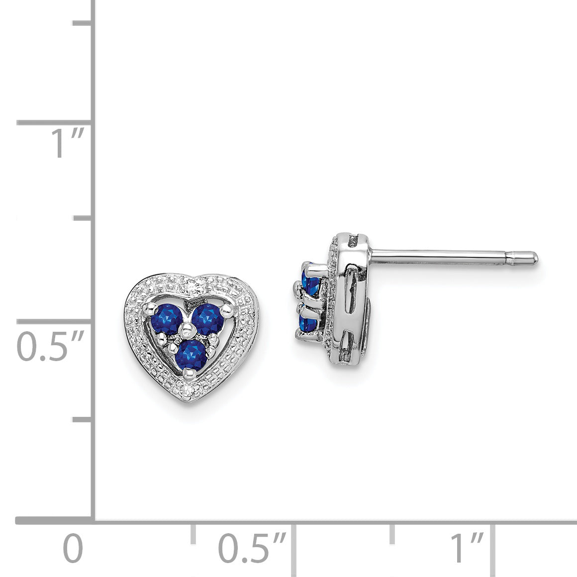 Sterling Silver Rhodium Plated Diamond & Sapphire Heart Earrings