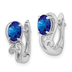 Sterling Silver Rhodium Plated Diamond & Sapphire Hinged Earrings