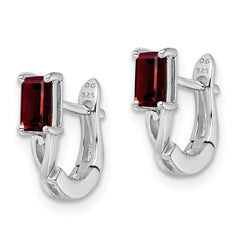 Sterling Silver Rhodium Plated Garnet Hinged Hoop Earrings