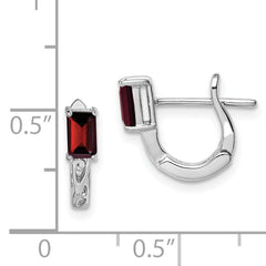 Sterling Silver Rhodium Plated Garnet Hinged Hoop Earrings