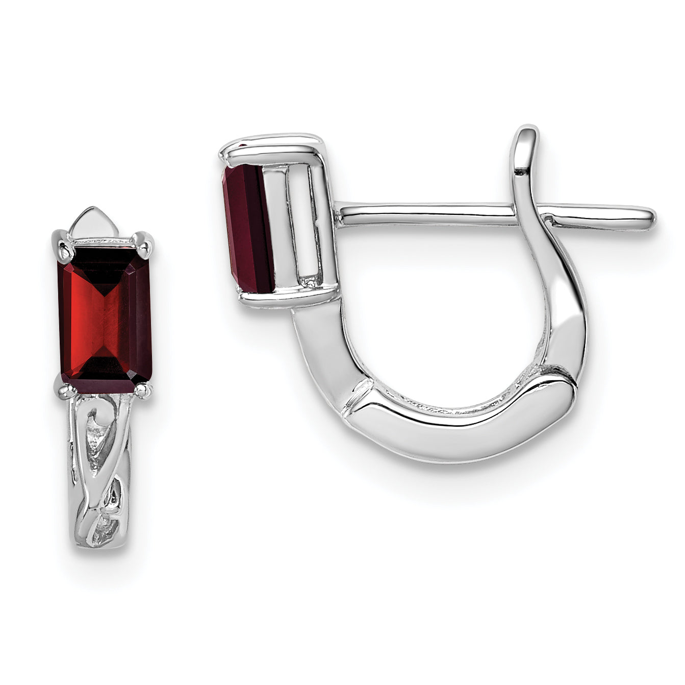 Sterling Silver Rhodium Plated Garnet Hinged Hoop Earrings