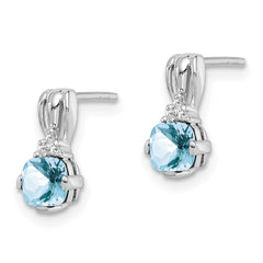 Sterling Silver Rhodium Plated Dia. Aquamarine Round Post Earrings