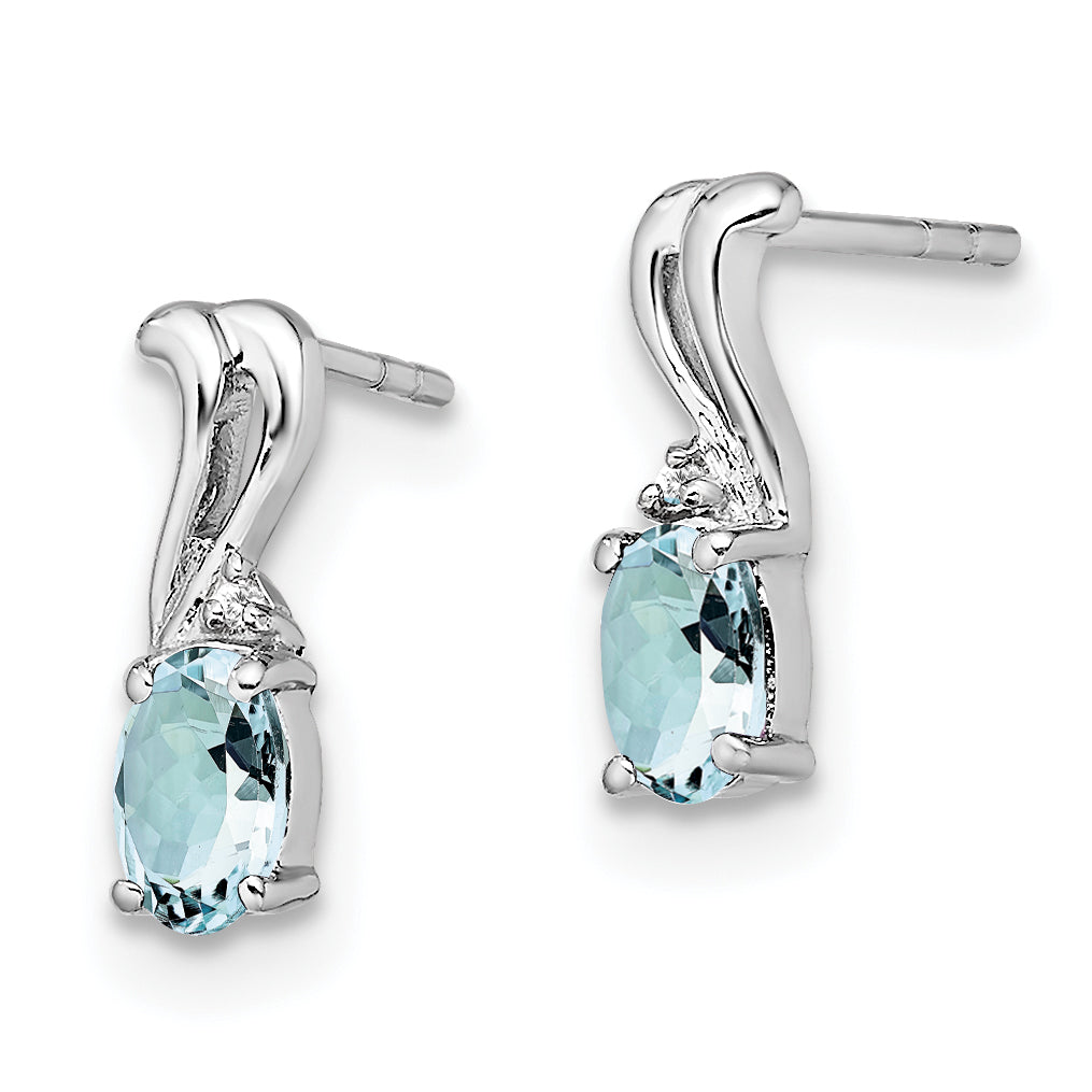 Sterling Silver Rhodium Plated Dia. & Aquamarine Oval Post Earrings