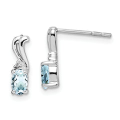 Sterling Silver Rhodium Plated Dia. & Aquamarine Oval Post Earrings