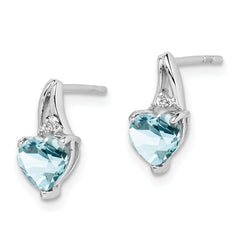 Sterling Silver Rhodium Plated Dia. Aquamarine Heart Post Earrings