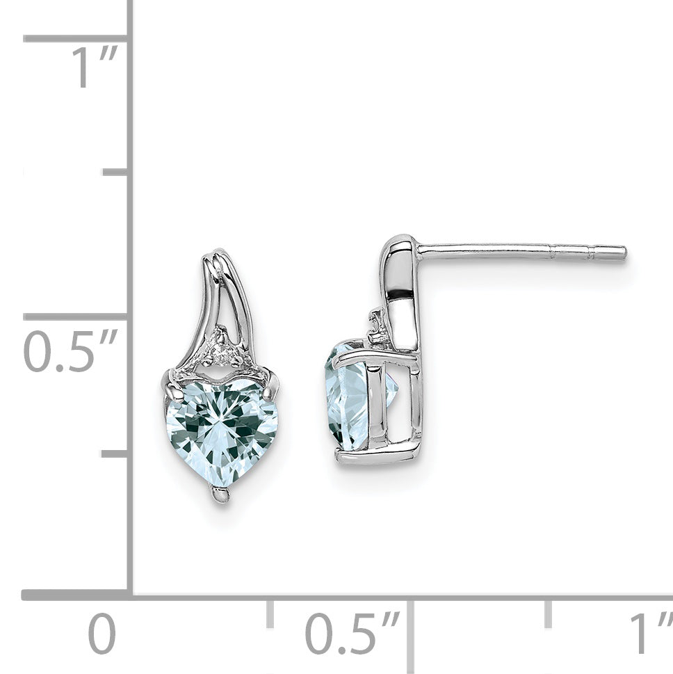 Sterling Silver Rhodium Plated Dia. Aquamarine Heart Post Earrings