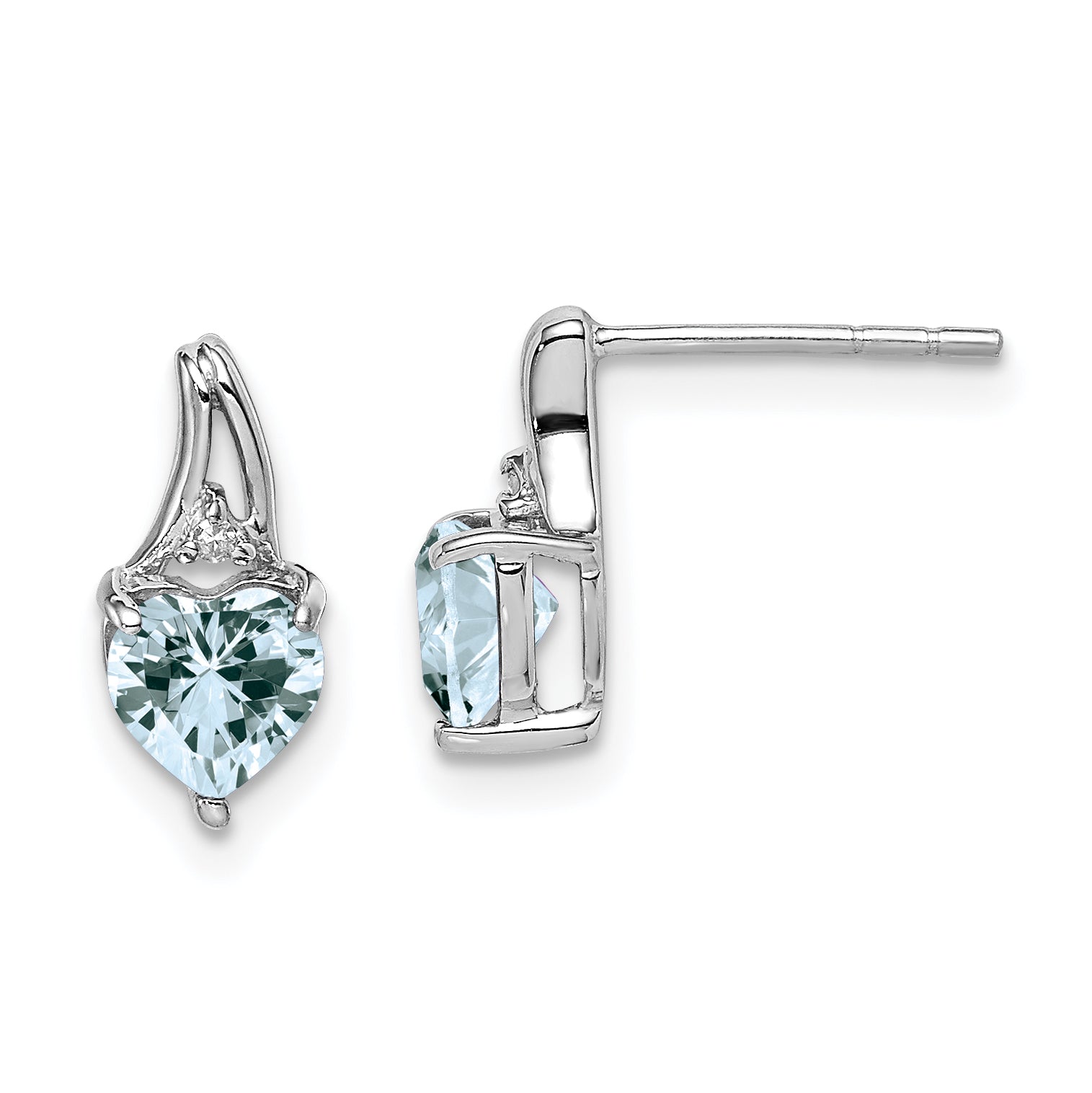 Sterling Silver Rhodium Plated Dia. Aquamarine Heart Post Earrings