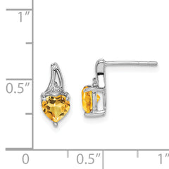 Sterling Silver Rhodium Plated Diamond and Citrine Heart Post Earrings