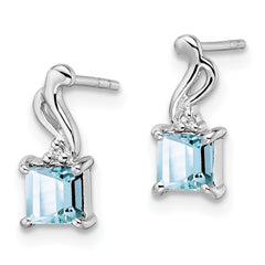 Sterling Silver Rhodium Plated Dia. Aquamarine Square Post Earrings