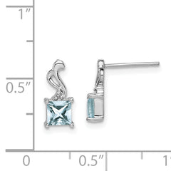 Sterling Silver Rhodium Plated Dia. Aquamarine Square Post Earrings