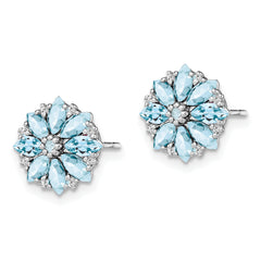 Sterling Silver Rhodium-plated Diamond & Aquamarine Earrings