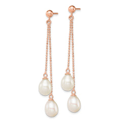 Sterling Silver Rose-tone 7-8mm White Teardrop FWC Pearl Dangle Earrings