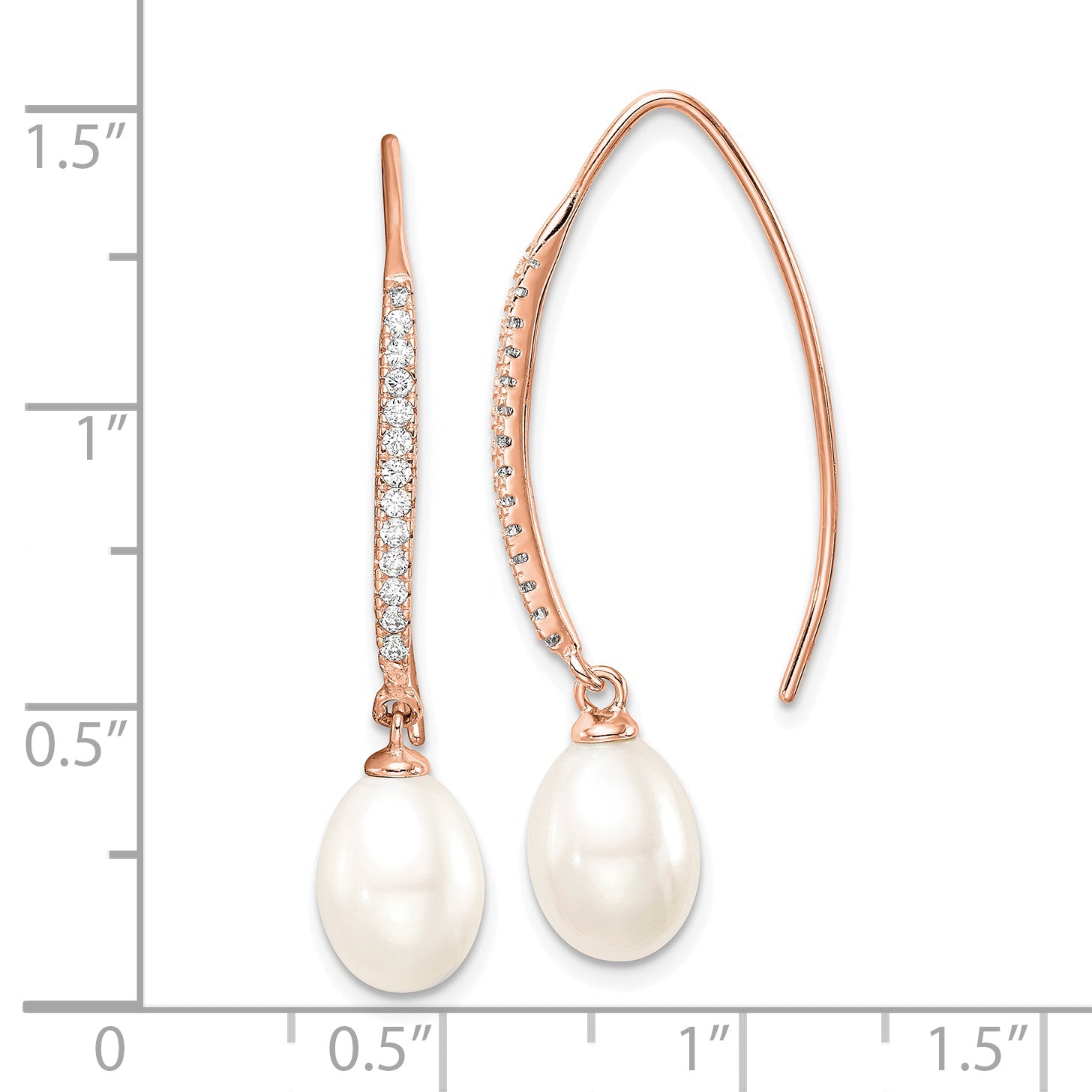 Sterling Silver Rose-tone Polished White 7-8mm Freshwater Cultured Pearl & CZ Threader Earrings