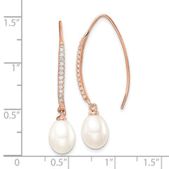 Sterling Silver Rose-tone Polished White 7-8mm Freshwater Cultured Pearl & CZ Threader Earrings