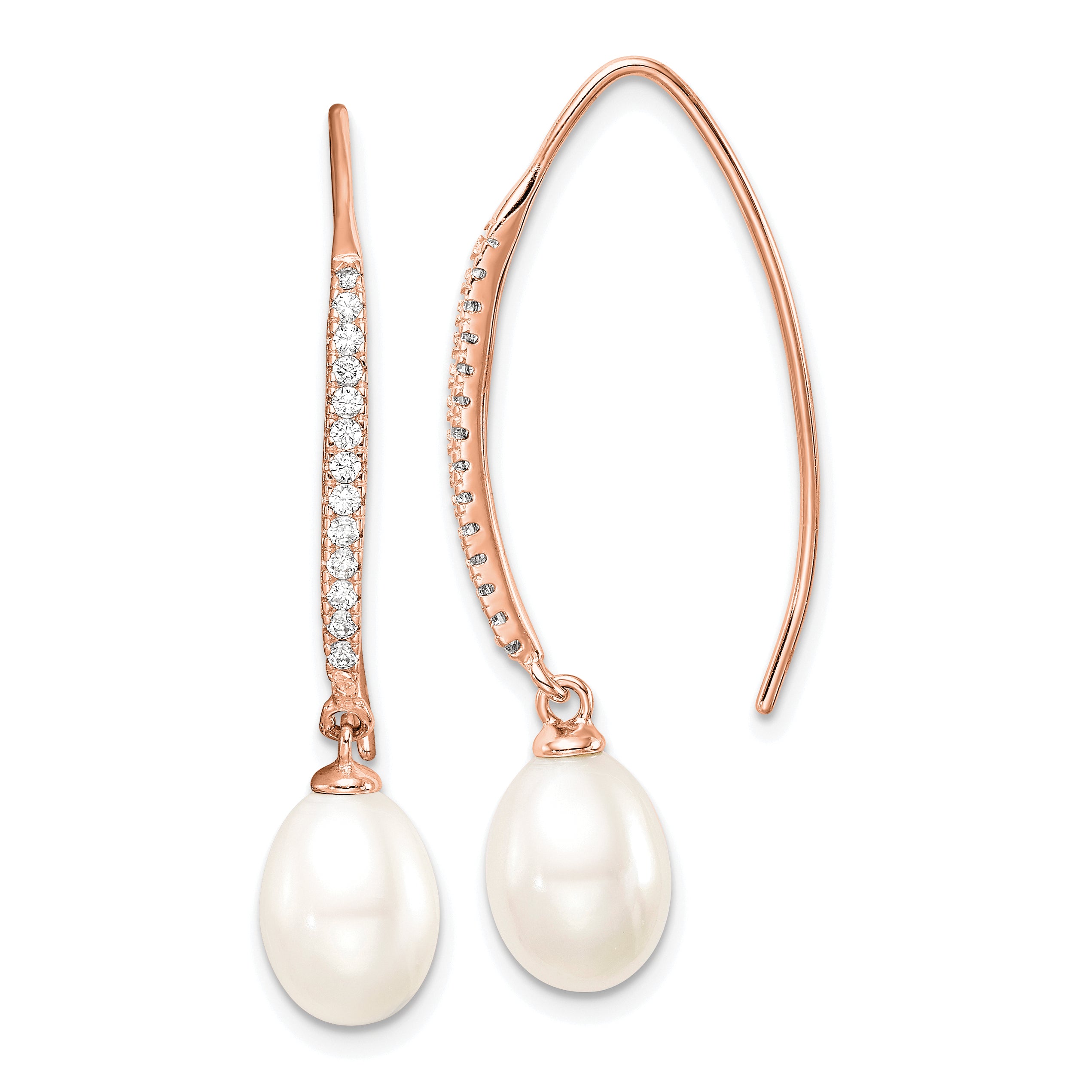 Sterling Silver Rose-tone Polished White 7-8mm Freshwater Cultured Pearl & CZ Threader Earrings