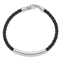 Sterling Silver Rhodium-plated Braided Black Leather Bracelet