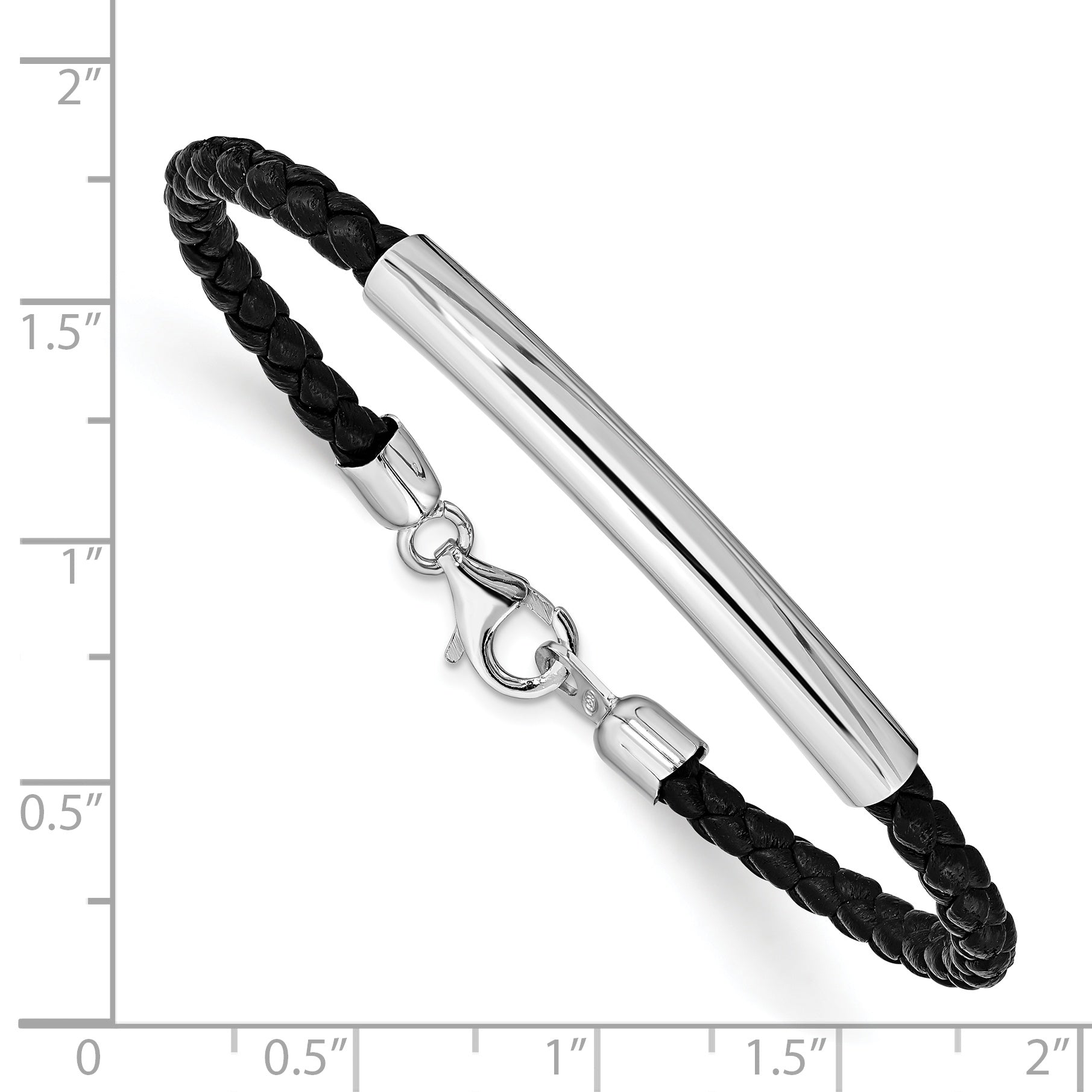 Sterling Silver Rhodium-plated Braided Black Leather Bracelet