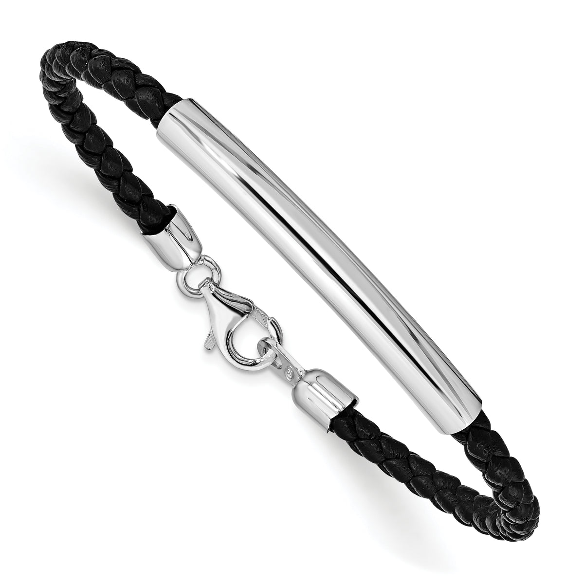 Sterling Silver Rhodium-plated Braided Black Leather Bracelet