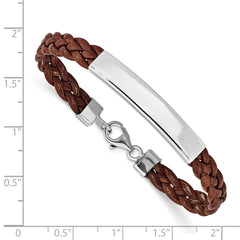 Sterling Silver Rhodium-plated Brown Braided Leather Bracelet