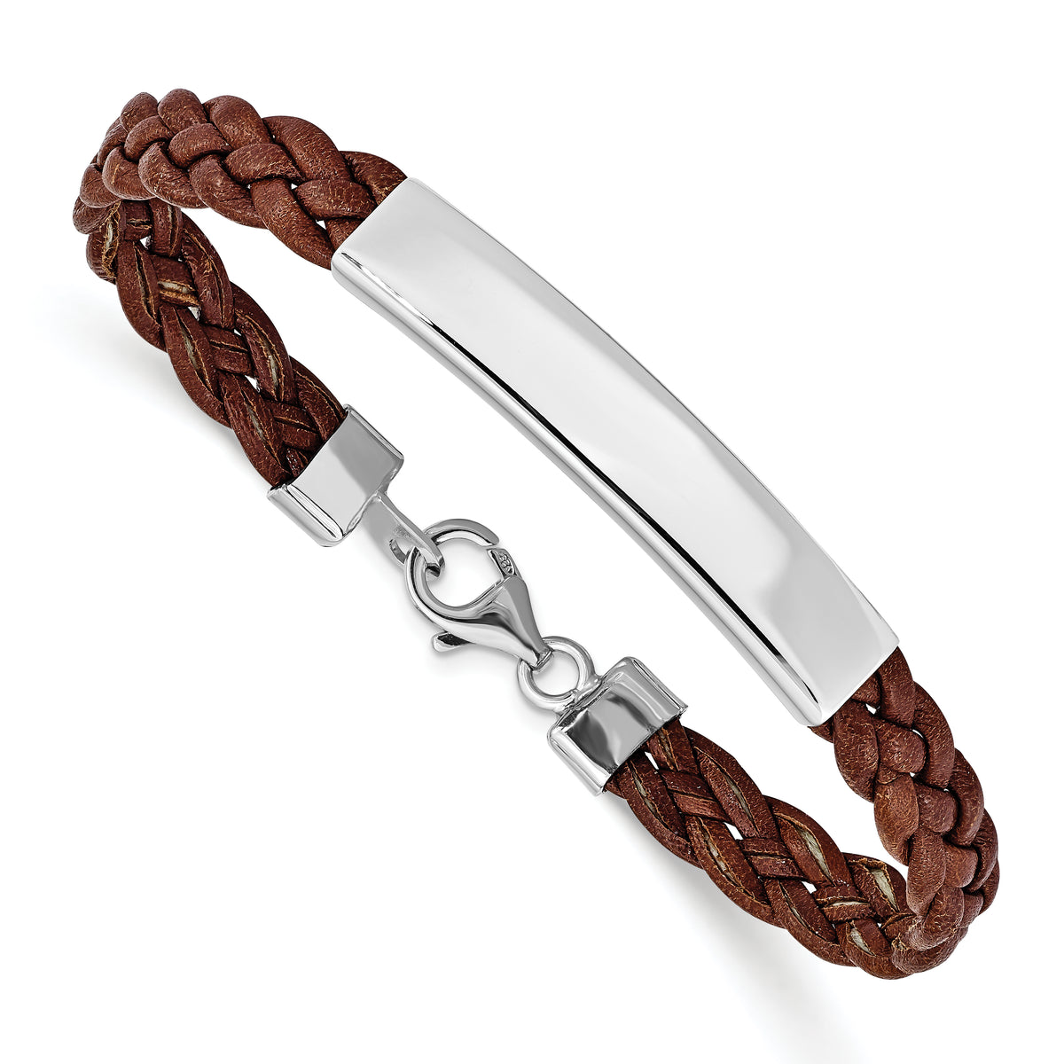 Sterling Silver Rhodium-plated Brown Braided Leather Bracelet