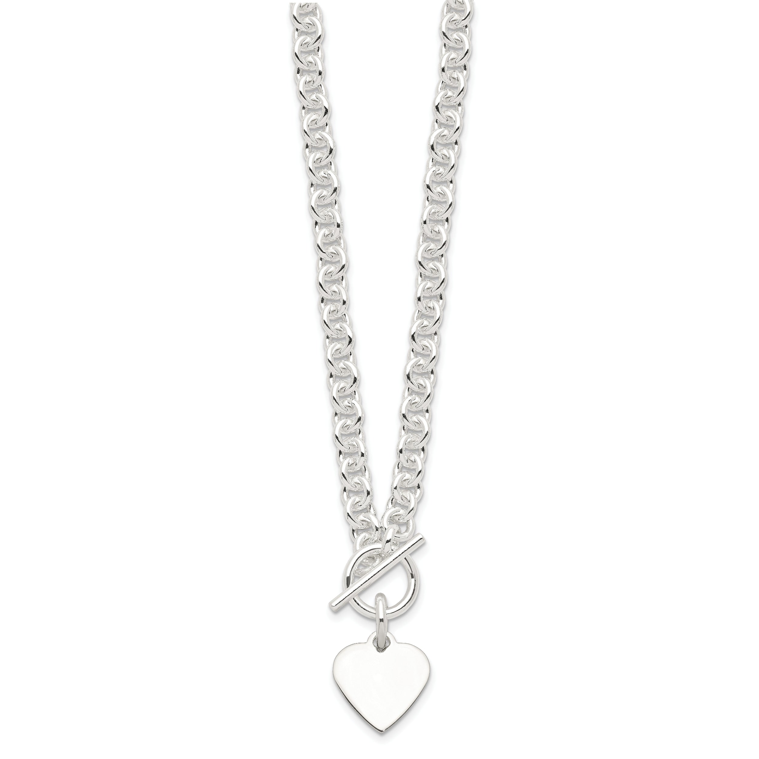 Sterling Silver Engraveable Heart Disc on Fancy Link Toggle 18in Necklace