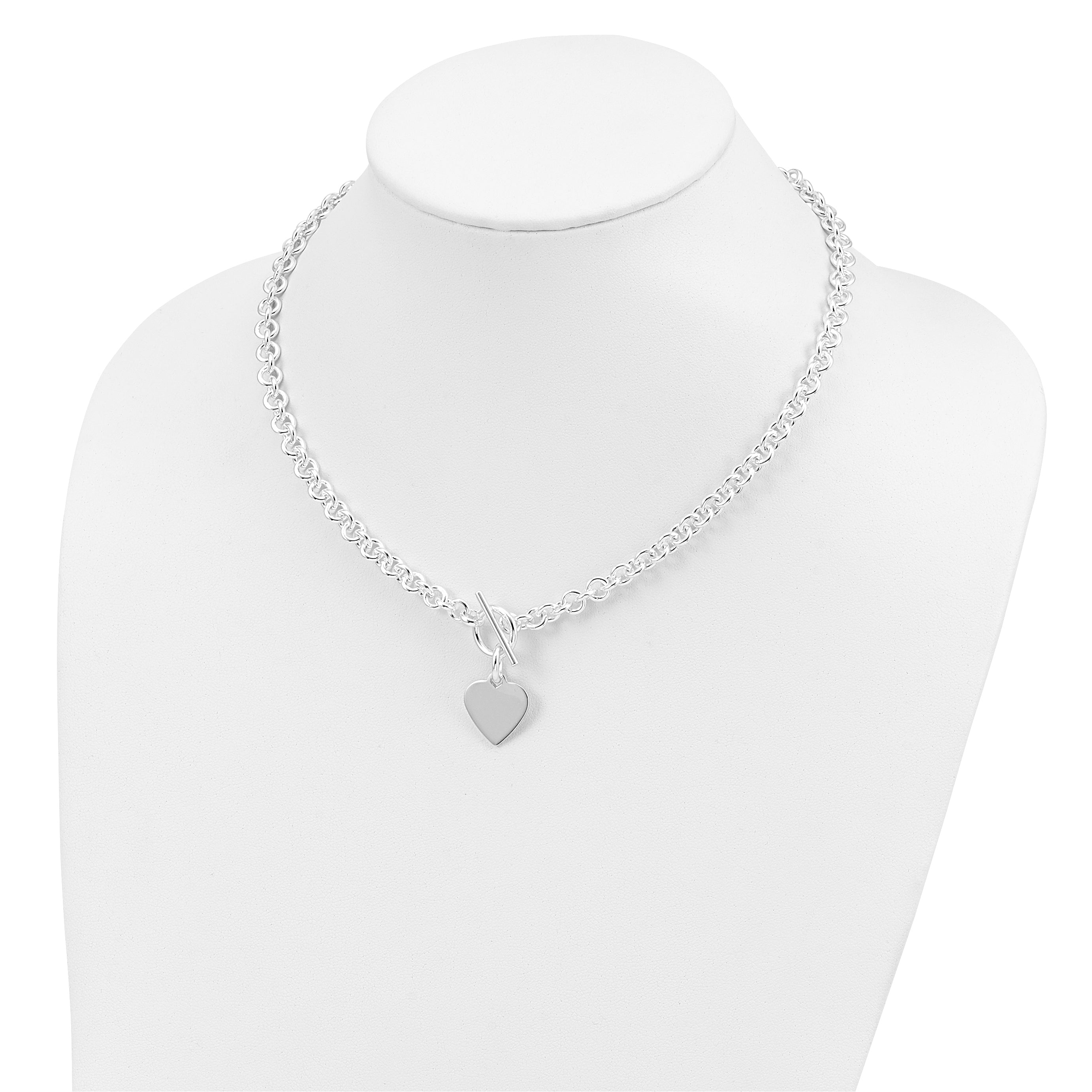 Sterling Silver Engraveable Heart Disc on Fancy Link Toggle 18in Necklace