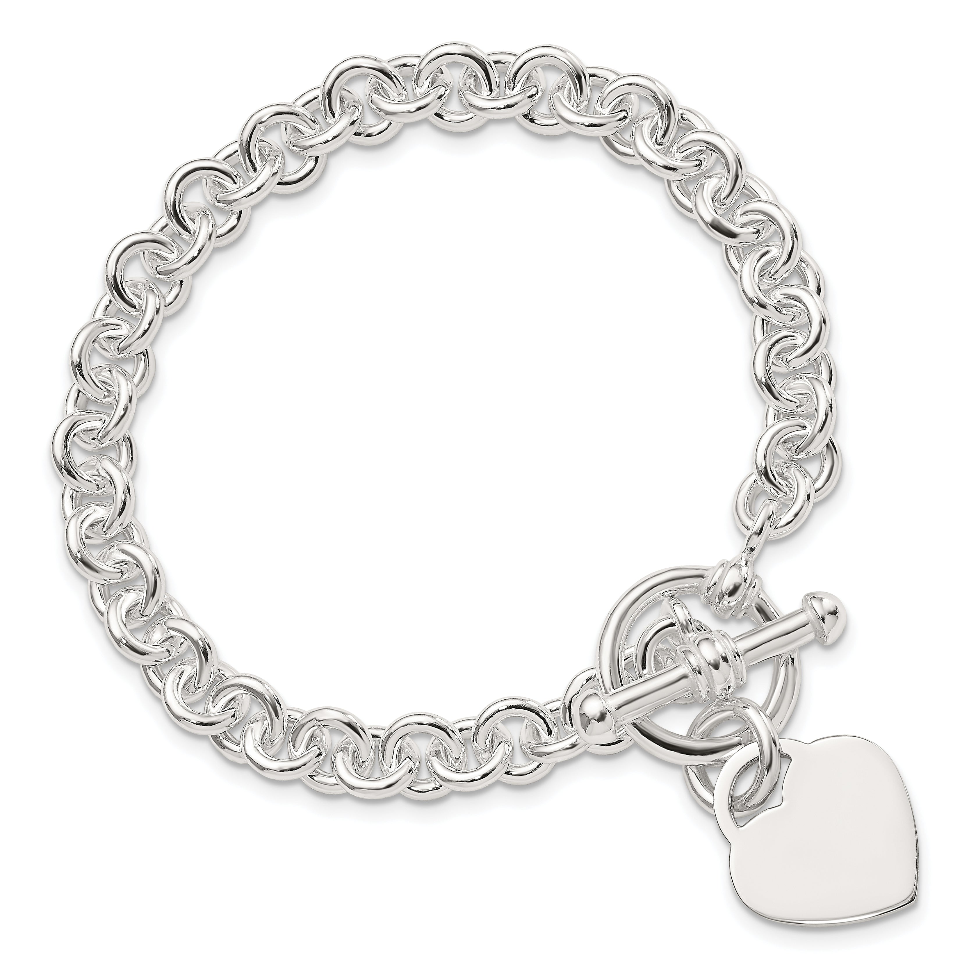 Sterling Silver Engraveable Heart Disc on Fancy Link Toggle Bracelet