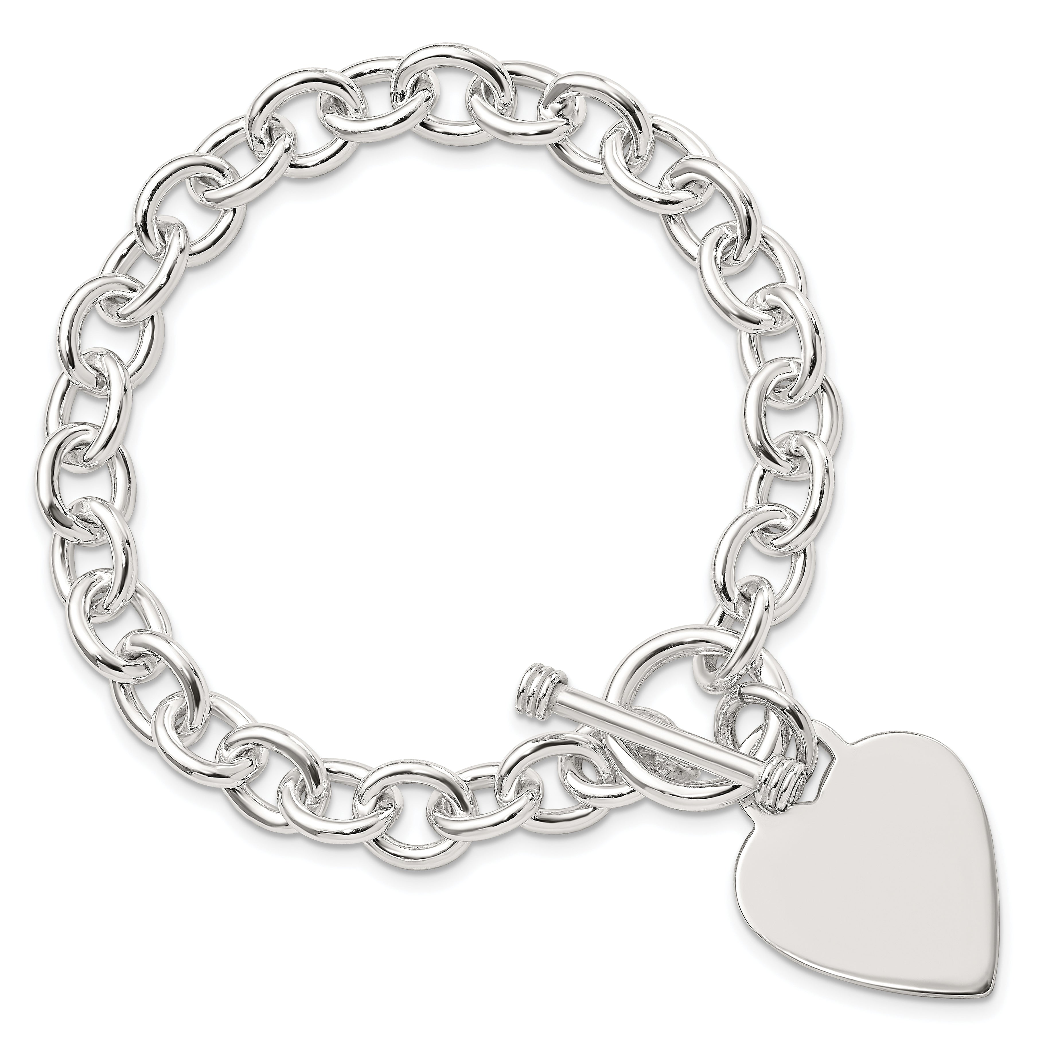 Sterling Silver Engraveable Heart Disc on Fancy Link Toggle Bracelet