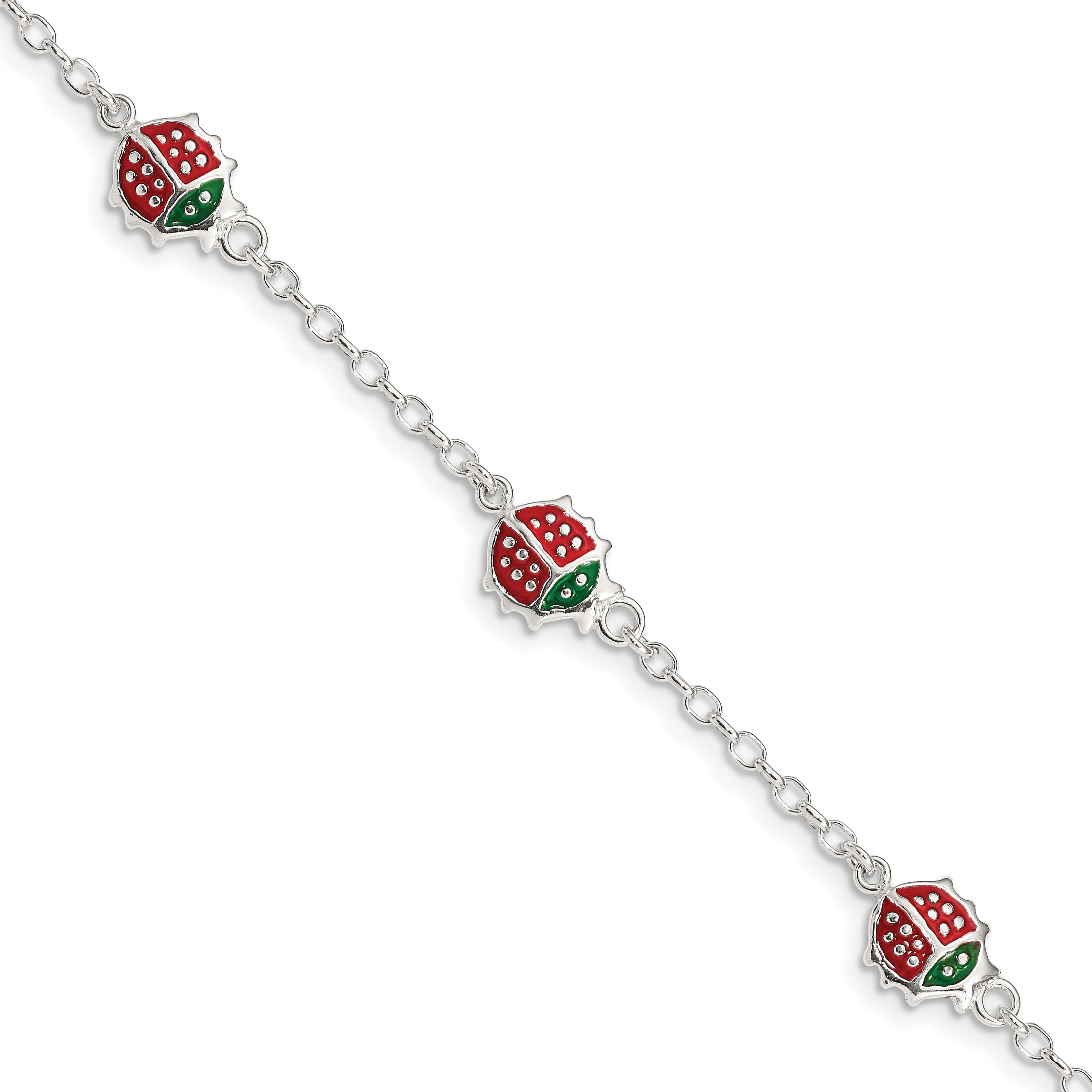 Sterling Silver Multi-color Enamel Ladybugs w/ 1in ext. Children's Bracelet