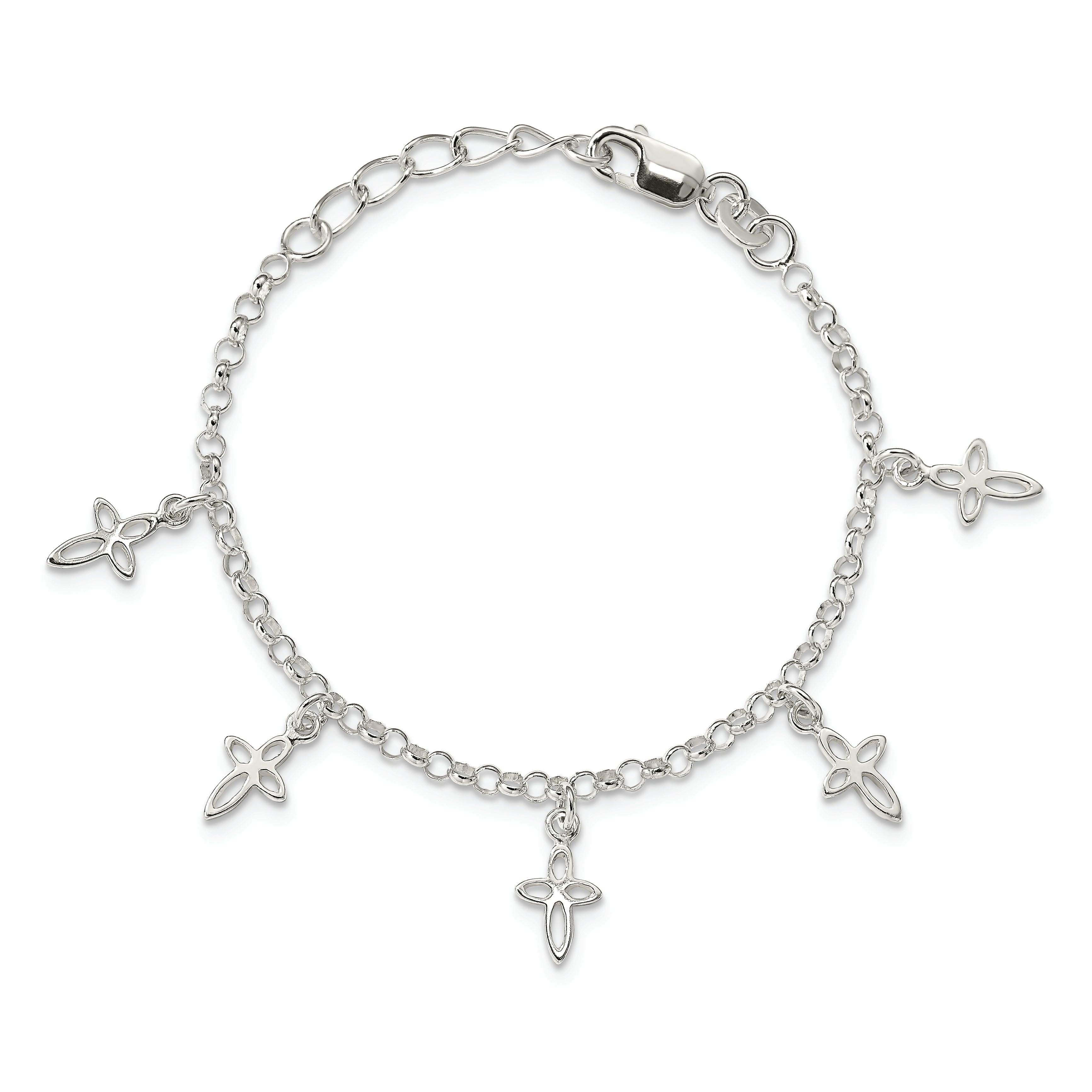 Sterling Silver Polished Cross Charms with 1in Ext. Children's Bracelet