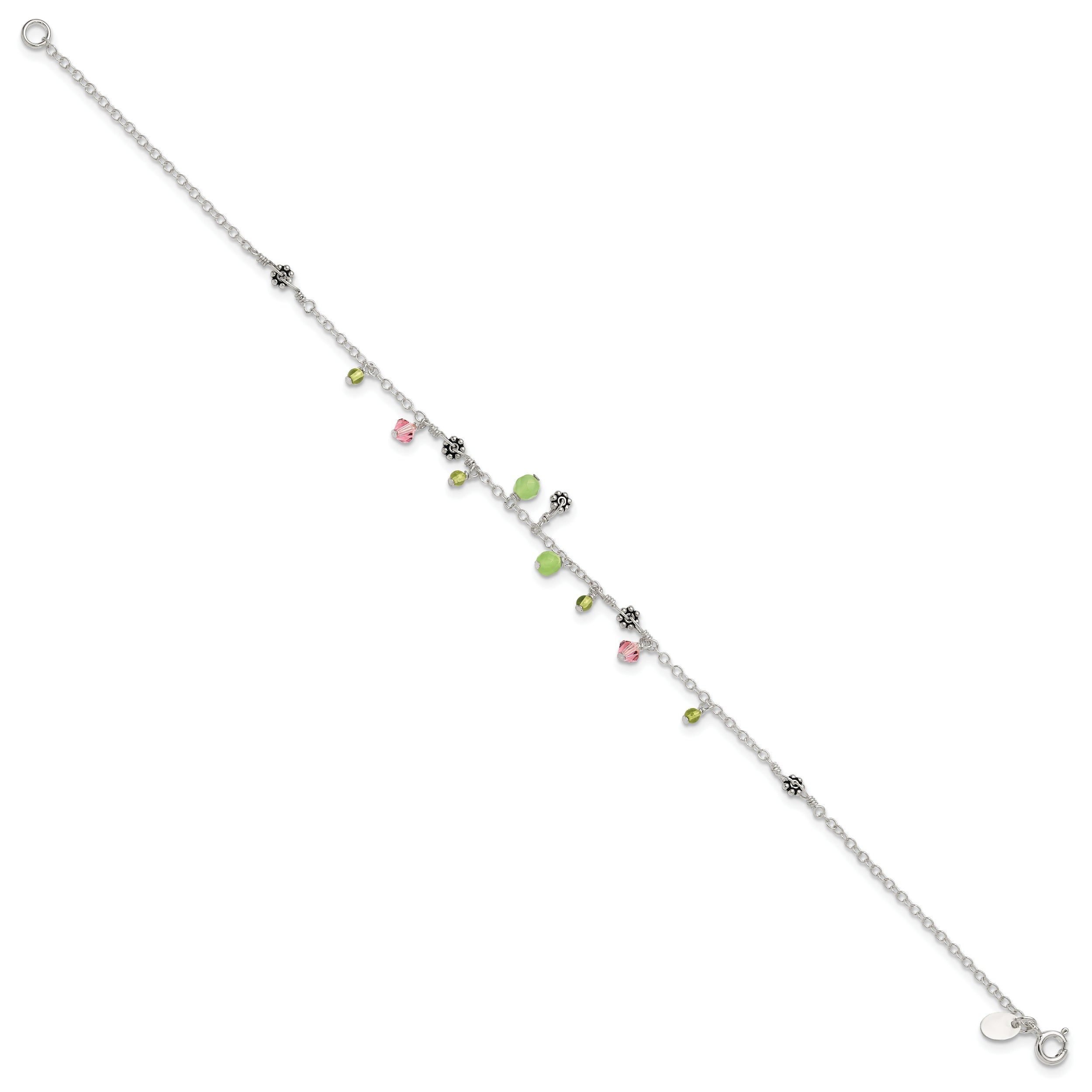 Sterling Silver 9in Pink Crystal Green Quartz Peridot Beads Anklet