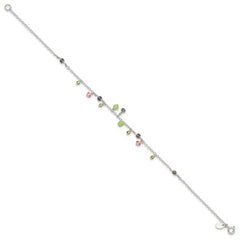 Sterling Silver 9in Pink Crystal Green Quartz Peridot Beads Anklet