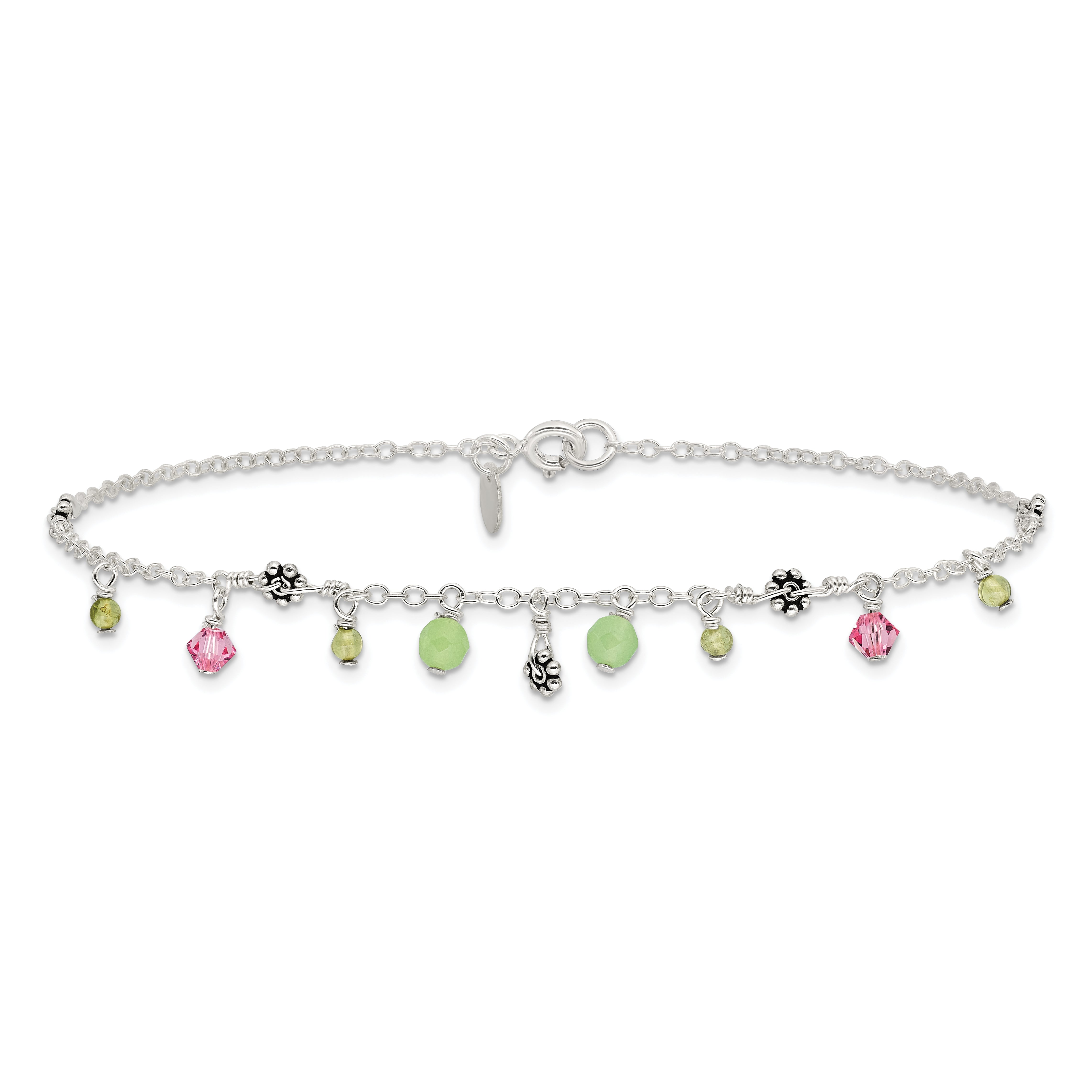 Sterling Silver 9in Pink Crystal Green Quartz Peridot Beads Anklet