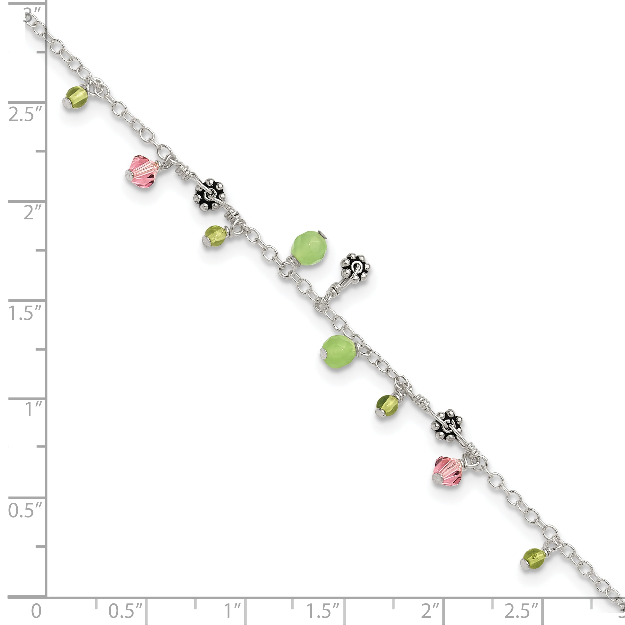 Sterling Silver 9in Pink Crystal Green Quartz Peridot Beads Anklet