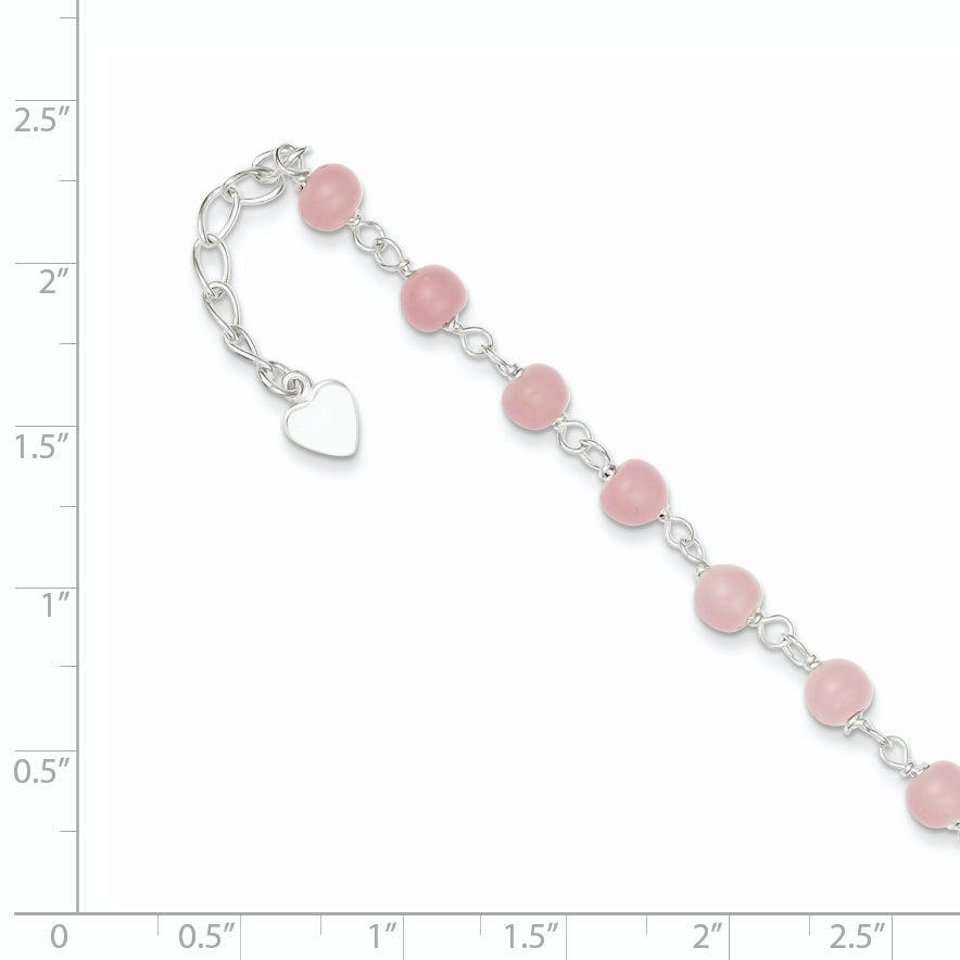 Sterling Silver Pink Glass Bead with Heart 8in Plus 1in ext Anklet