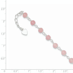 Sterling Silver Pink Glass Bead with Heart 8in Plus 1in ext Anklet