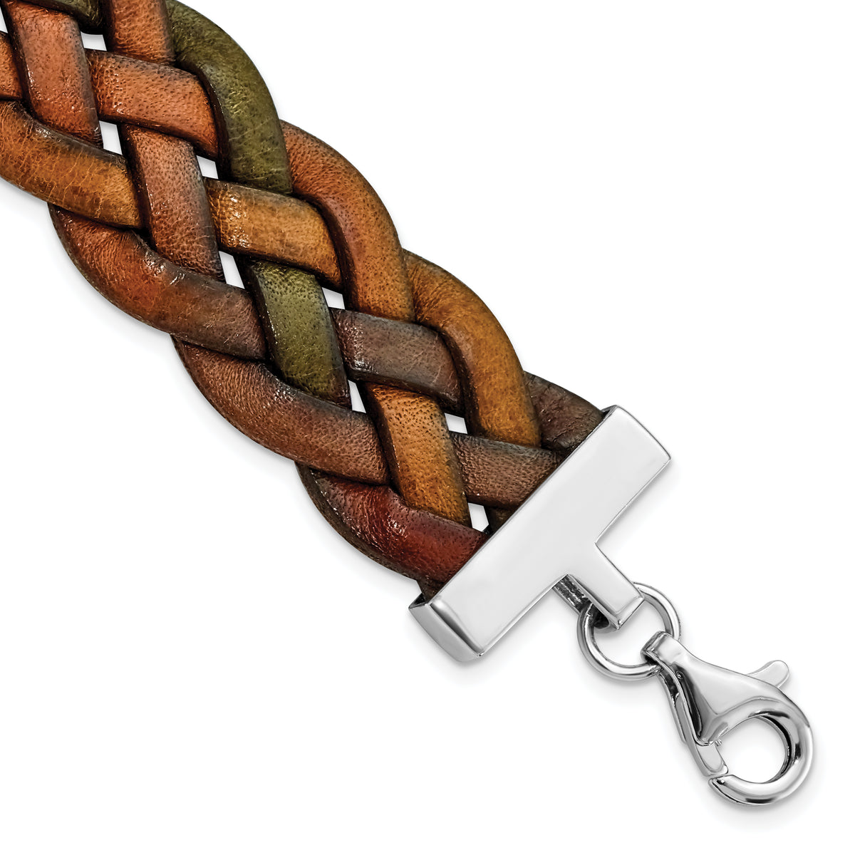 Sterling Silver Wide Multi-Colored Woven Leather Bracelet