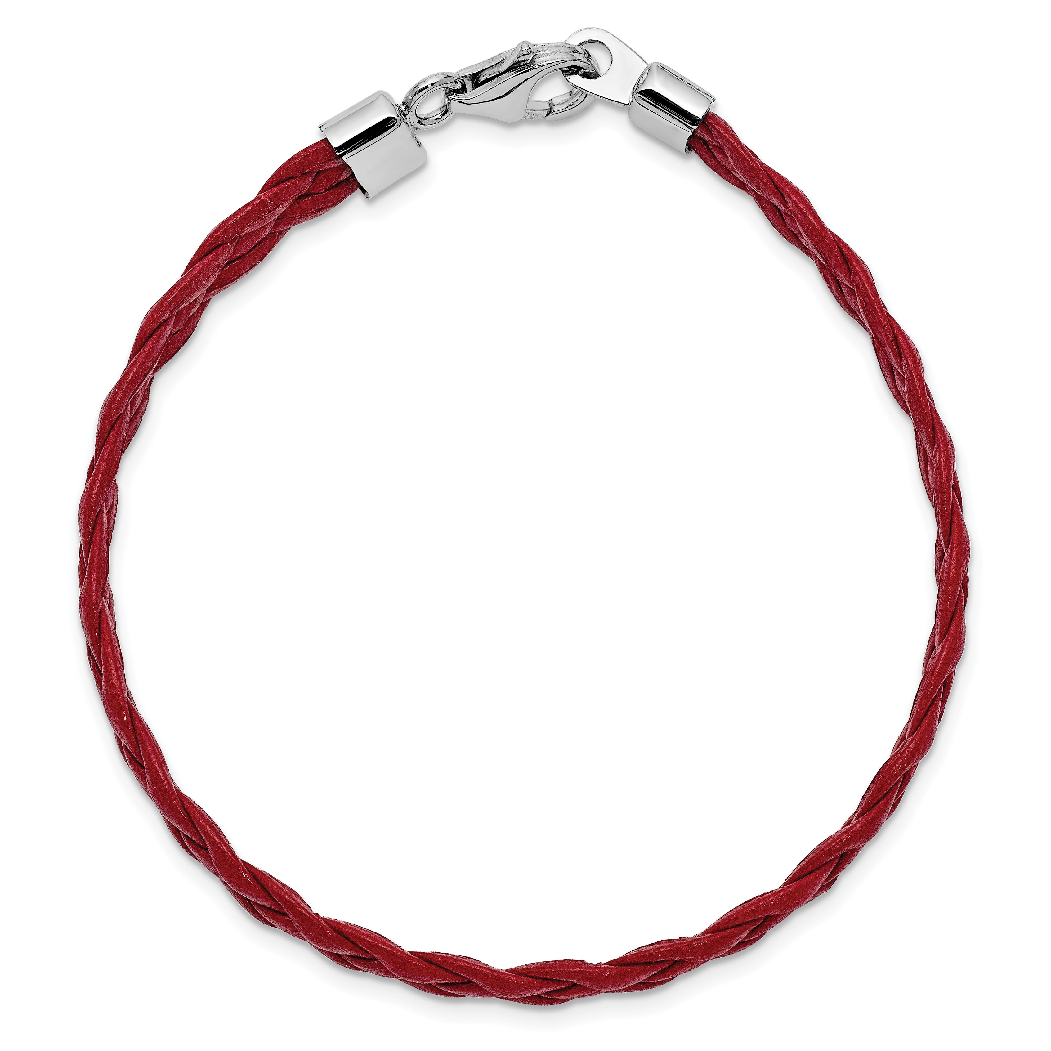 Sterling Silver Rhodium Plated Red Braided Leather 7 inch Bracelet