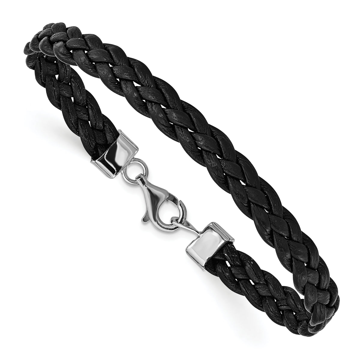 Sterling Silver Rhodium-plated Black Braided Leather Bracelet