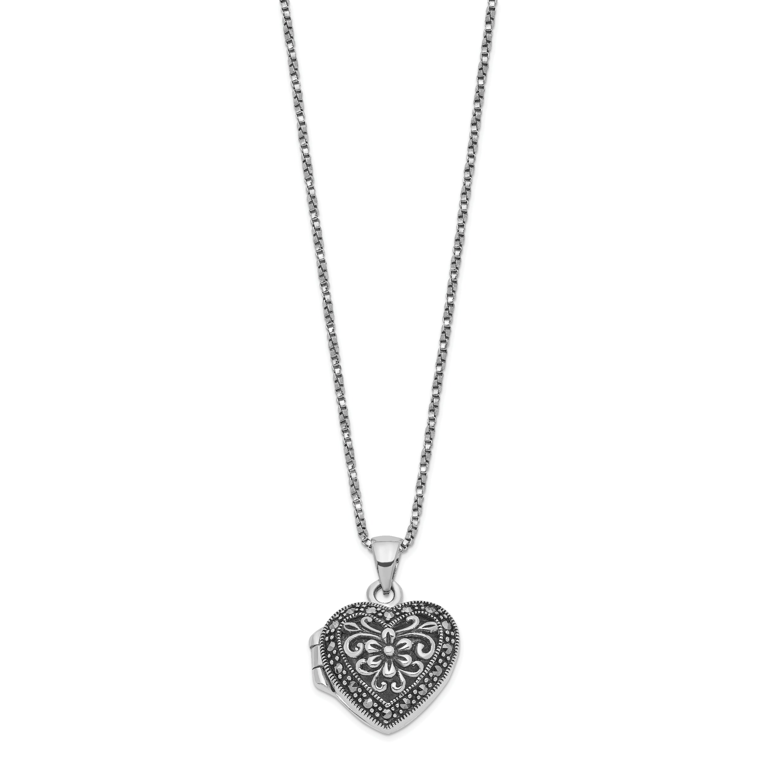 Sterling Silver Rhod-pltd Floral Marcasite Heart Locket 18in Necklace