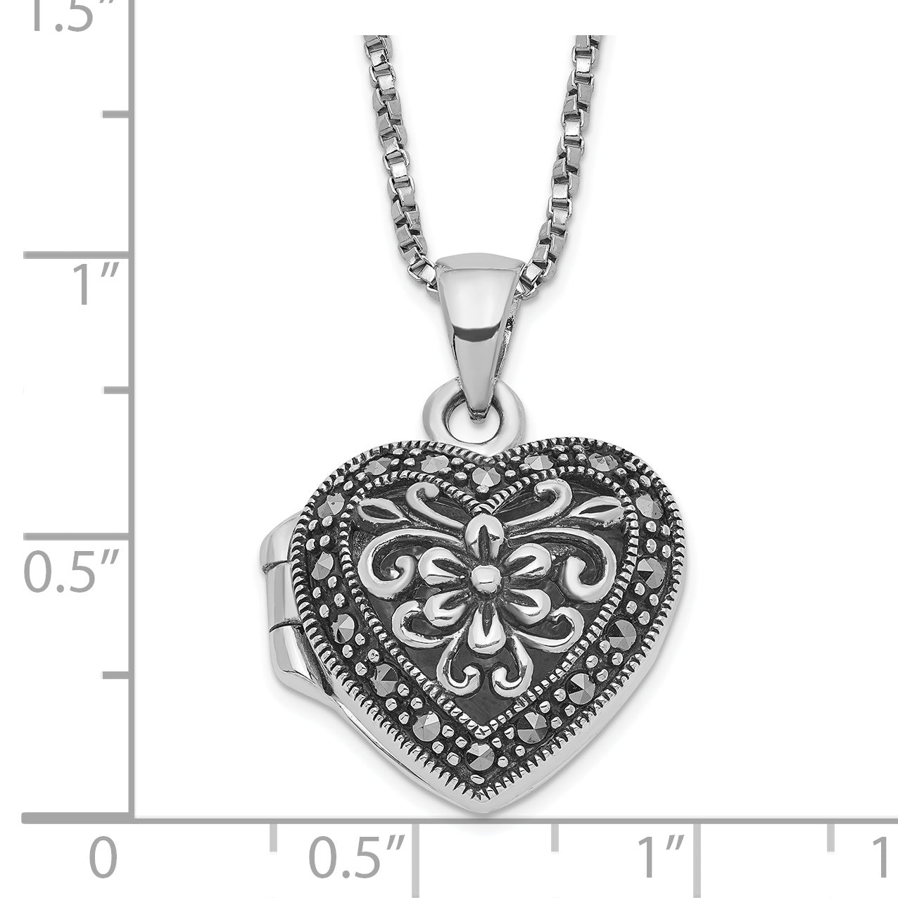 Sterling Silver Rhod-pltd Floral Marcasite Heart Locket 18in Necklace