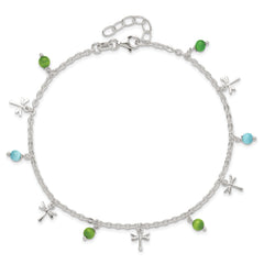 Sterling Silver Dragonfly with Aqua Green Beads with 1ext Anklet