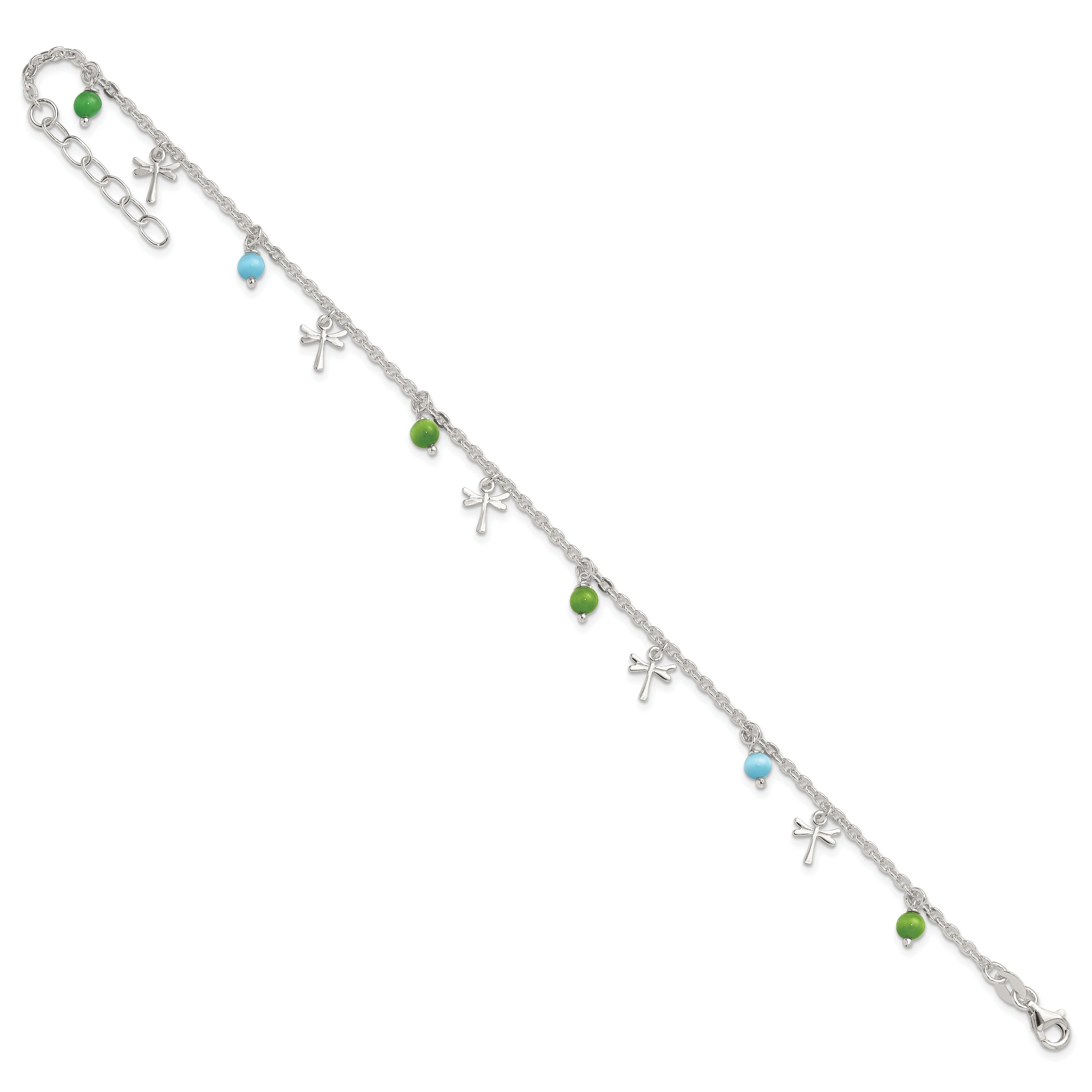 Sterling Silver Dragonfly with Aqua Green Beads with 1ext Anklet