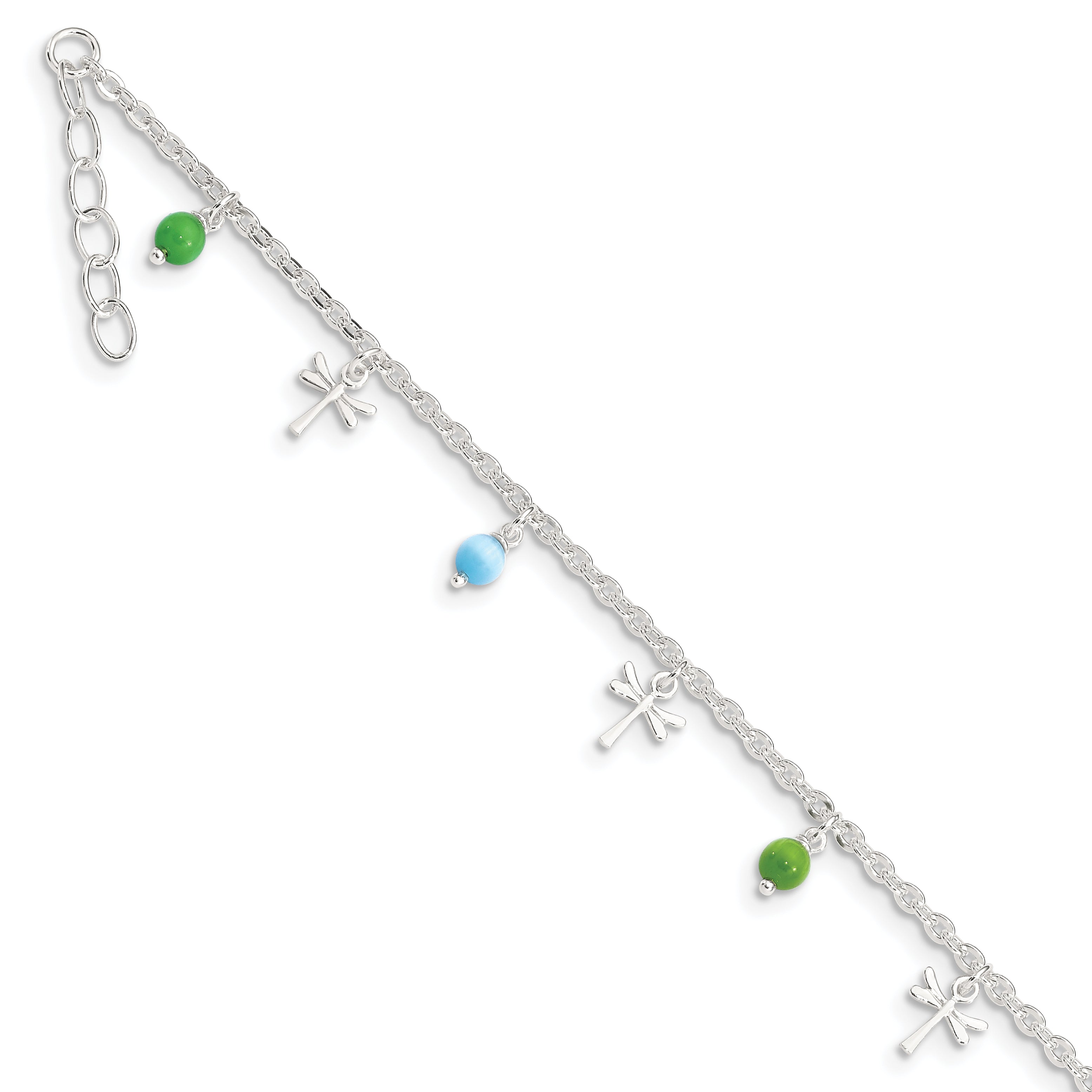 Sterling Silver Dragonfly with Aqua Green Beads with 1ext Anklet