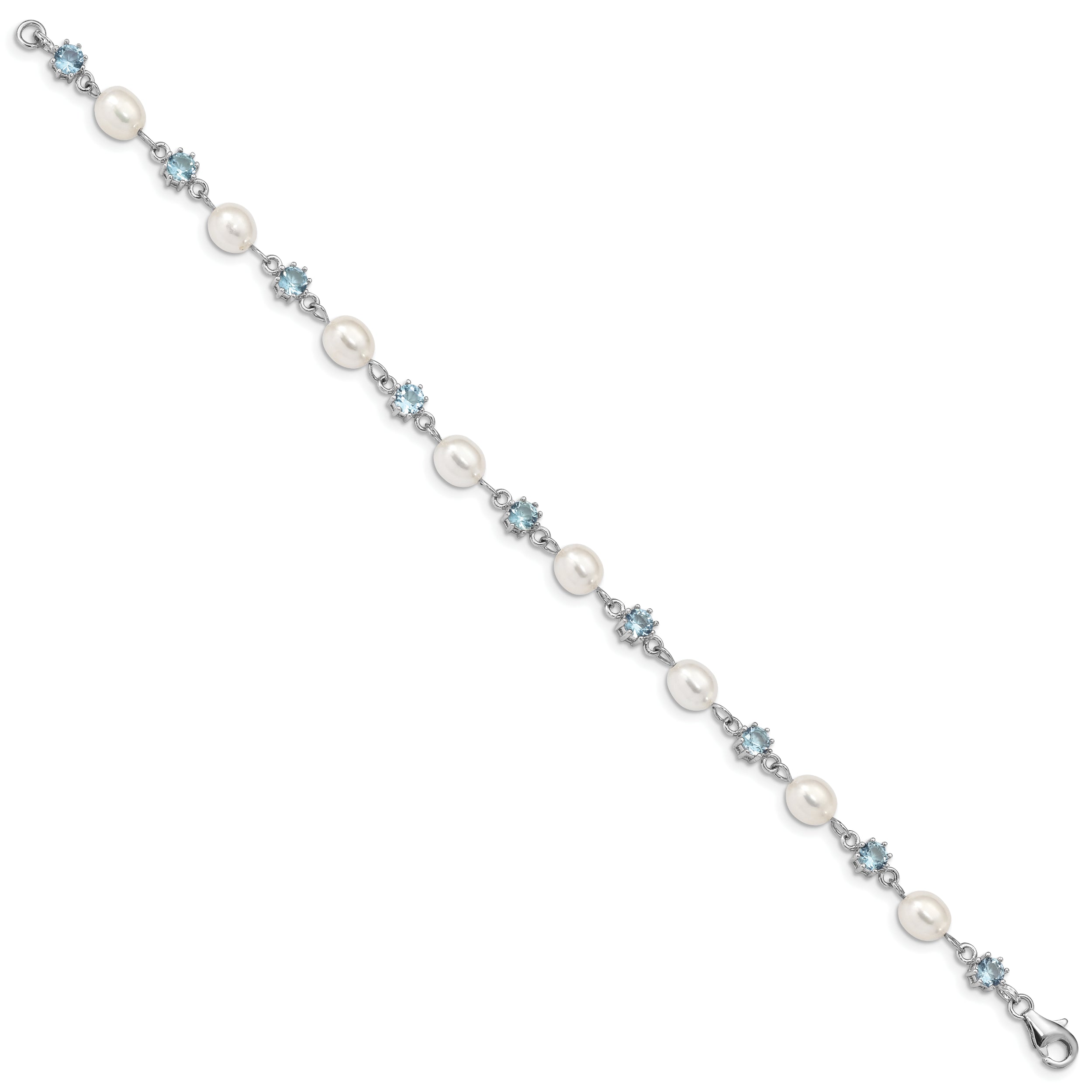 Sterling Silver Rhodium Blue CZ FW Cultured Pearl Bracelet