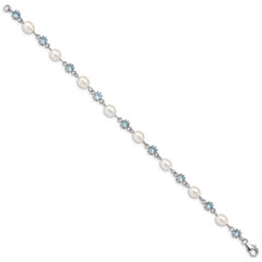 Sterling Silver Rhodium Blue CZ FW Cultured Pearl Bracelet