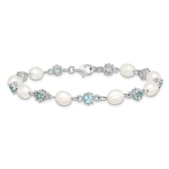 Sterling Silver Rhodium Blue CZ FW Cultured Pearl Bracelet