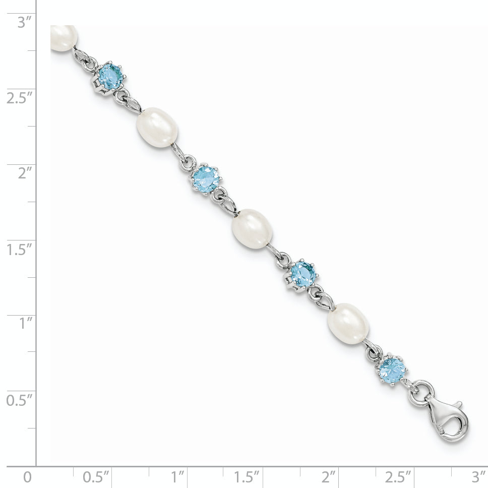 Sterling Silver Rhodium Blue CZ FW Cultured Pearl Bracelet