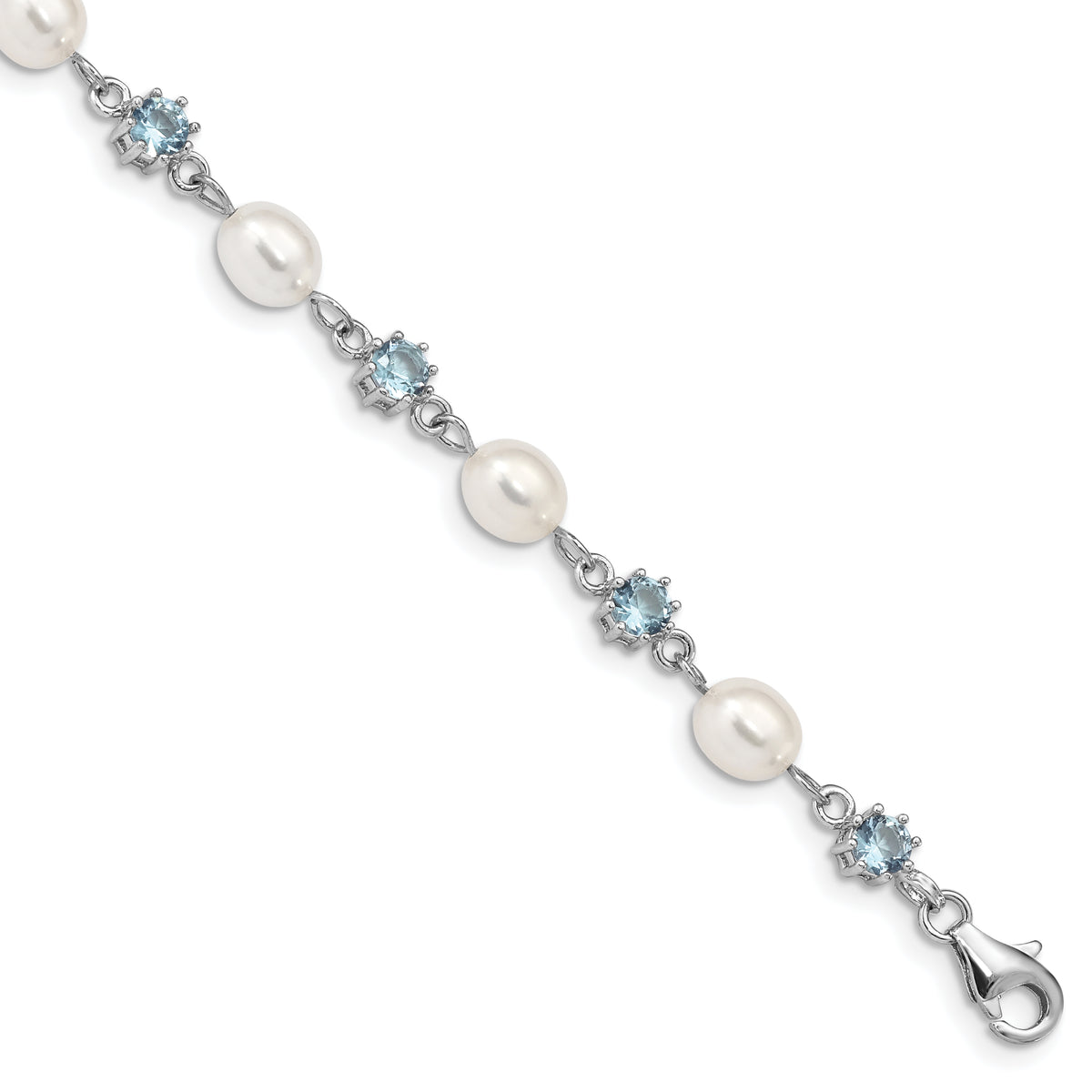 Sterling Silver Rhodium Blue CZ FW Cultured Pearl Bracelet